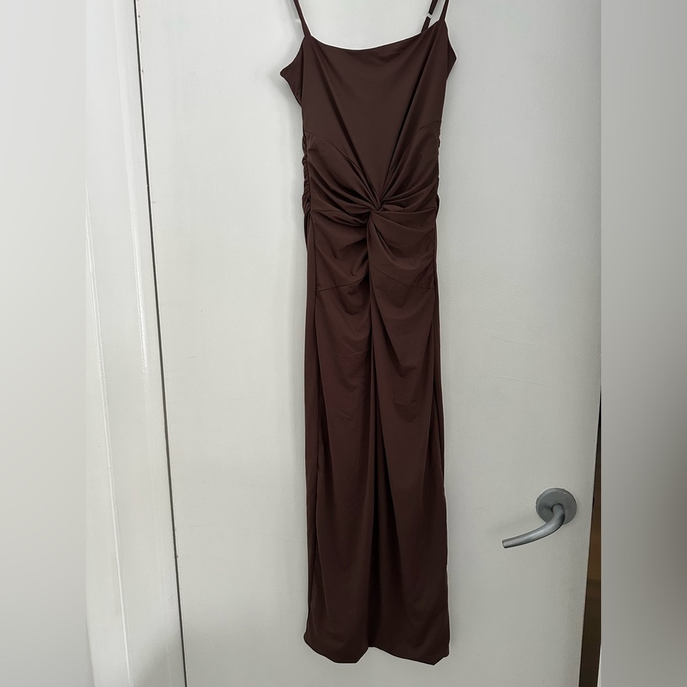 Lulu's Chocolate Brown Maxi Dress Ruched slimming xs